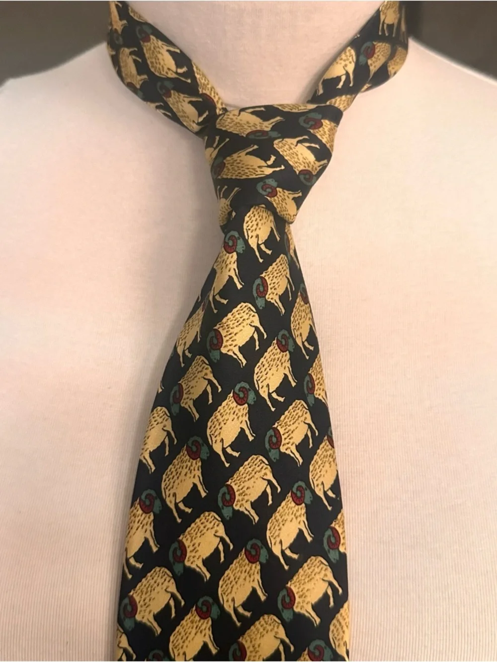 Men's Patterned Black & Gold Wool Tie Ram Sinsabang Tie Vintage Sheep Necktie